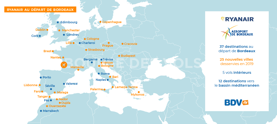 Destinations Ryanair départ Bordeaux