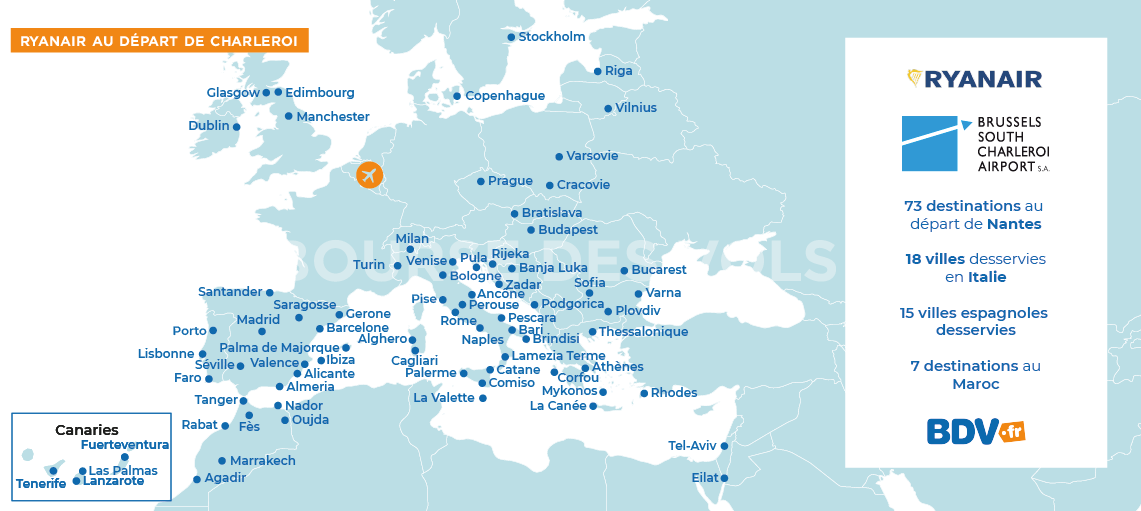 Destinations Ryanair départ Charleroi